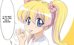 Rule 34 | blonde hair, blue eyes, cropped, english text, fellatio gesture, hard-translated, pani poni dash!, rebecca miyamoto, sexually suggestive, third-party edit, tongue, translated, twintails, warped context