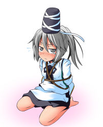 Rule 34 | 1girl, bound, female focus, grey eyes, hat, hat ribbon, ichimi, japanese clothes, kariginu, mononobe no futo, open mouth, ponytail, ribbon, shirt, silver hair, sitting, skirt, solo, tied up (nonsexual), touhou, translation request