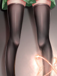 Rule 34 | 1girl, absurdres, atom, black thighhighs, commentary request, feet out of frame, feng ling (fenglingwulukong), glowing, green skirt, grey background, highres, legs, lower body, miniskirt, reiuji utsuho, skirt, solo, thighhighs, touhou