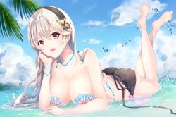 Rule 34 | 1girl, absurdres, alternate costume, ass, bare legs, bare shoulders, barefoot, beach, bead bracelet, bead necklace, beads, bikini, black bikini, blue sky, bracelet, breasts, cleavage, cloud, cloudy sky, collarbone, commentary, corrin (female) (fire emblem), corrin (fire emblem), day, artistic error, fire emblem, fire emblem fates, full body, hair between eyes, hairband, head rest, highres, jewelry, large breasts, long hair, looking at viewer, lying, necklace, nintendo, ocean, on stomach, open mouth, oramikainu, outdoors, palm tree, partially submerged, pointy ears, red eyes, shell, shell bikini, silver hair, sky, smile, soles, solo, splashing, starfish, swimsuit, the pose, tree, water drop