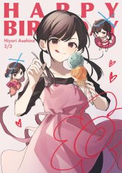Rule 34 | 1girl, :t, alternate costume, annoyed, asahina hiyori, black hair, black shirt, bow, character name, chibi, closed mouth, collarbone, commentary, cross, dated, drawn flower, english text, fingernails, food, full body, hair bow, hair bun, hand fan, heart, highres, holding, holding fan, holding food, holding ice cream, holding spoon, ice cream, ice cream cone, innertube, japanese clothes, kagerou project, kimono, licking lips, looking at viewer, looking to the side, mokemoke chan, multicolored eyes, multiple girls, multiple persona, obi, off-shoulder shirt, off shoulder, overalls, pink eyes, pink kimono, pink overalls, pink skirt, pout, red bow, red eyes, sash, shirt, short sleeves, simple background, single hair bun, skirt, smile, solo focus, spoon, swim ring, swimsuit, tongue, tongue out, upper body, white background, wide sleeves, x