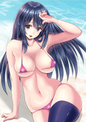 Rule 34 | 1girl, :&gt;, areola slip, arm support, arm up, bad id, bad pixiv id, beach, bikini, black hair, black thighhighs, blush, breasts, brown eyes, day, hair between eyes, hip focus, large breasts, long hair, looking at viewer, micro bikini, navel, ocean, open mouth, original, outdoors, pink bikini, piston ring, sitting, smile, solo, swimsuit, thighhighs, thighs, wet, wet hair