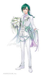 Rule 34 | 1other, :d, baby&#039;s-breath, bouquet, boutonniere, bow, bowtie, braid, bridal veil, calla lily, collared shirt, copyright notice, earrings, flower, full body, gloves, gradient clothes, gradient ribbon, green hair, green sash, green vest, groom, hair between eyes, holding, holding bouquet, holding ribbon, jacket, jewelry, long hair, looking at viewer, matsurika youko, nijisanji, official art, open mouth, oxfords, pants, pocket square, purple eyes, purple shirt, ribbon, ryuushen, sash, shirt, simple background, single braid, smile, solo, suit jacket, teeth, upper teeth only, veil, vest, virtual youtuber, white background, white bow, white bowtie, white footwear, white gloves, white jacket, white pants