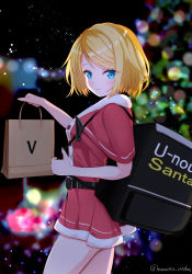Rule 34 | 1girl, 2021, absurdres, backpack, bag, blonde hair, blue eyes, blurry, blush, bokeh, buttons, christmas, christmas tree, commentary, cowboy shot, depth of field, dress, english text, from side, fur-trimmed dress, fur trim, hand up, highres, holding, holding bag, kagamine rin, looking at viewer, night, otoha neu, paper bag, red dress, santa costume, shopping bag, short hair, smile, solo, sparkle, standing, star (sky), twitter username, vocaloid