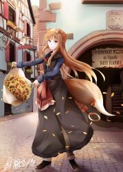 Rule 34 | 1girl, animal ears, bag, black skirt, black vest, blue shirt, brown hair, closed mouth, flower, fudo shin, fur-trimmed sleeves, fur-trimmed vest, fur trim, highres, holding, holding bag, holo, long hair, long skirt, long sleeves, looking at viewer, outdoors, red eyes, road, shirt, signature, skirt, solo, spice and wolf, standing, stone floor, street, sunflower, tail, vest, wolf ears, wolf girl, wolf tail