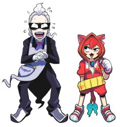 Rule 34 | 10s, 1boy, 1girl, animal ears, apron, candy, candy bar, cat ears, chocoboo, flame-tipped tail, food, full body, gashi-gashi, gloves, haramaki, hood, hooded jacket, jacket, jibanyan, long hair, looking at viewer, multiple tails, notched ear, open mouth, personification, purple lips, simple background, standing, tablet pc, tail, tailcoat, two tails, whisper (youkai watch), white background, white gloves, white hair, youkai pad, youkai watch
