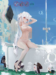 Rule 34 | 1girl, :t, absurdres, arknights, bare shoulders, barefoot, bath, bathing, bathtub, blush, bottomless, bow, breasts, camisole, closed mouth, collarbone, commentary request, covered erect nipples, eyelashes, feet, groin, hair between eyes, highres, holding, holding own hair, large breasts, long hair, looking at viewer, nail polish, nipples, omone hokoma agm, panties, pout, red bow, red eyes, see-through, shampoo, shampoo bottle, shirt, shower head, showering, sidelocks, sitting, skadi (arknights), soap, soap bottle, soap bubbles, solo, spaghetti strap, toenail polish, toenails, toes, underwear, unworn panties, very long hair, washing, washing hair, wet, wet clothes, wet hair, wet shirt, white camisole, white hair, white panties