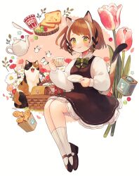 Rule 34 | 1girl, animal, animal ears, bag, basket, bell, black dress, black footwear, black hair, bow, bowtie, box, braid, branch, bread, bread slice, brooch, brown hair, bug, butter knife, butterfly, cat, cat ears, cat girl, cat tail, commentary, cup, daisy, dated, dress, flower, food, frilled dress, frills, from side, full body, green bow, green bowtie, hair bell, hair ornament, hand up, highres, holding, holding cup, holding saucer, insect, jam, jewelry, kitchen knife, leaf, legs together, long sleeves, looking at viewer, mary janes, multicolored hair, original, paper bag, pinafore dress, pink background, pink flower, pink tulip, plaid, plaid bow, plaid bowtie, puffy long sleeves, puffy sleeves, red flower, saucer, shirt, shoes, short hair, side braids, signature, simple background, sitting, sleeveless, sleeveless dress, smile, socks, solo, streaked hair, swept bangs, tabby cat, tabi 0v0, tail, taiyaki, tea set, teacup, teapot, toast, tulip, twin braids, two-tone background, wagashi, white background, white butterfly, white hair, white shirt, white socks, yellow eyes