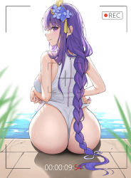 Rule 34 | 1girl, absurdres, artist request, ass, bare shoulders, blush, braid, breasts, come hither, from behind, genshin impact, hair ornament, hairpin, highres, huge ass, large breasts, long hair, looking at viewer, looking back, naughty face, one-piece swimsuit, parted lips, purple eyes, purple hair, raiden shogun, shiny skin, sideboob, single braid, sitting, smile, solo, swimsuit, very long hair