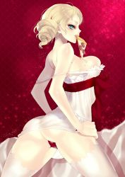Rule 34 | 1girl, ass, atlus, bare shoulders, blonde hair, blue eyes, breasts, catherine, catherine (game), dress, drill hair, female focus, food, hands on own hips, long hair, looking back, mouth hold, murata tomohide, panties, pizza, solo, thighhighs, twin drills, twintails, underwear, white thighhighs