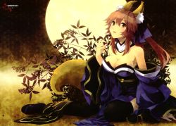 Rule 34 | 10s, 1girl, animal ears, bare shoulders, black thighhighs, blush, breasts, cleavage, detached sleeves, fate/extra, fate (series), food, fox ears, fox tail, fruit, full moon, hair ornament, hair ribbon, japanese clothes, large breasts, long hair, long sleeves, looking at viewer, moon, open mouth, pink hair, ribbon, sitting, solo, tail, tamamo (fate), tamamo no mae (fate/extra), thighhighs, twintails, yellow eyes