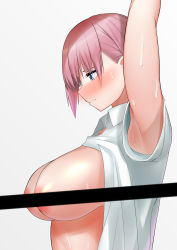 Rule 34 | 1girl, absurdres, armpits, arms up, bar censor, blue eyes, blush, breasts, censored, closed mouth, clothes lift, collared shirt, commentary request, dress shirt, go-toubun no hanayome, hair between eyes, highres, huge breasts, large breasts, looking down, nakano ichika, pink hair, shirt, shirt lift, short hair, solo, sweat, torso, upper body, white shirt, yinsan usaki