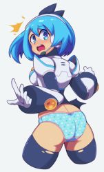 Rule 34 | 1girl, android, armor, blue eyes, blue hair, blush, bodysuit, breasts, crotch seam, euf-dreamer, gloves, headphones, highres, large breasts, mega man x (series), mega man x dive, navigator, open mouth, panties, rico (mega man), side ponytail, simple background, solo, surprised, torn bodysuit, torn clothes, underwear, white background, white gloves