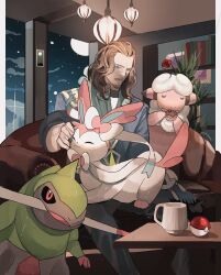 Rule 34 | 1boy, absurdres, beard, black sclera, blue jacket, bookshelf, brown hair, closed eyes, colored sclera, colored skin, commission, couch, creatures (company), cup, eating, facial hair, flaaffy, fraxure, game freak, gen 2 pokemon, gen 5 pokemon, gen 6 pokemon, green eyes, green skin, grey pants, highres, indoors, jacket, lamp, light, looking at viewer, moon, night, nintendo, pants, pink fur, pink skin, pixiv commission, poke ball, poke puff, pokemon, pokemon (creature), red eyes, reo (mmocc123), sitting, smile, star (sky), sylveon, u u, white background, white skin, window, wool