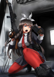 Rule 34 | 1girl, absurdres, battle rifle, black footwear, black gloves, blue eyes, blurry, boots, bow, brown hair, cable, commentary request, cropped jacket, depth of field, drill hair, drill sidelocks, girls&#039; frontline, gloves, gun, hair bow, highres, holding, holding gun, holding weapon, howa type 64, howa type 64 (girls&#039; frontline), indoors, jacket, kneeling, knees, legs, long hair, looking to the side, magazine (weapon), necktie, on one knee, open clothes, open jacket, pantyhose, partially fingerless gloves, red pantyhose, reloading, ribbon, rifle, school uniform, sekino takehiro, shooting gloves, shouting, sidelocks, solo, tactical clothes, trigger discipline, weapon, white ribbon