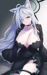 Rule 34 | 1girl, animal ear fluff, animal ears, black choker, black dress, blue archive, blue eyes, breasts, cat ears, character request, choker, cleavage, collarbone, dress, grey hair, hair ornament, halo, highres, ibara azuki, large breasts, long hair, long sleeves, looking at viewer, parted lips, shiroko terror (blue archive), solo, thigh strap, thighs