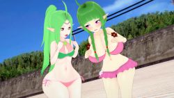 Rule 34 | 2girls, 3d, areola slip, beach, bikini, breast awe, breast conscious, breasts, fire emblem, fire emblem awakening, green hair, highres, huge breasts, large breasts, mother and daughter, multiple girls, nah (fire emblem), nintendo, nipple slip, nipples, nowi (fire emblem), oppai loli, outdoors, pointy ears, public indecency, shortstack, side-tie bikini bottom, swimsuit, thick thighs, thighs, wide hips