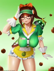 Rule 34 | 1girl, alternate hairstyle, apron, artist name, ball, black-framed eyewear, bow, breasts, brown eyes, brown hair, buttons, chocolate, collarbone, cowboy shot, cutoffs, denim, denim shorts, easonx, glasses, gloves, gradient background, green background, green shirt, hair bow, high ponytail, highres, honeydew mei, large breasts, leaning forward, looking at viewer, medium hair, mei (overwatch), name tag, official alternate costume, orange bow, overwatch, overwatch 1, puffy short sleeves, puffy sleeves, round eyewear, salute, shirt, short sleeves, shorts, signature, smile, solo, taut clothes, taut shirt, thighs, visor cap, waist apron, watermark, web address, white gloves
