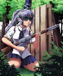 Rule 34 | 1girl, adapted costume, blue eyes, blue footwear, blue hair, blurry, breasts, day, depth of field, goggles, grass, gun, hair between eyes, hat, highres, holding, holding gun, holding weapon, japanese clothes, kouno ibuki, long hair, looking afar, matching hair/eyes, medium breasts, mononobe no futo, parted lips, pointy nose, pom pom (clothes), ponytail, ribbon, rifle, shirt, shoes, sidelocks, silhouette, skirt, sleeves pushed up, solo, squatting, tate eboshi, thighs, touhou, tree, turtleneck, weapon, white shirt