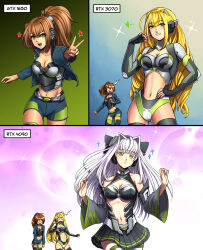 Rule 34 | 3girls, black thighhighs, blonde hair, blue shorts, breasts, brown hair, clothing cutout, comic, detached sleeves, graphics card, green eyes, green shorts, headgear, highres, long hair, medium breasts, multiple girls, navel, nvidia, original, personification, ponytail, shorts, sidelocks, silent comic, stomach cutout, substance20, thighhighs, two-tone shorts, very long hair, white hair, wide sleeves