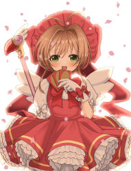Rule 34 | 1girl, blush, bow, card, cardcaptor sakura, child, commentary, gloves, green eyes, happy, highres, holding, holding card, kinomoto sakura, looking at viewer, magical girl, open mouth, pink headwear, red bow, short hair, smile, solo, teeth, upper teeth only, white bow, white gloves, wings, yamazakura118