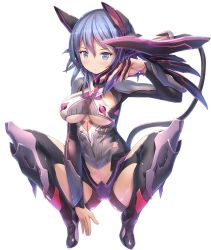 Rule 34 | 00s, 1girl, black thighhighs, blue eyes, blue hair, bodysuit, boots, breasts, claw (weapon), expressionless, female focus, full body, headgear, highres, homura yuni, large breasts, looking at viewer, matching hair/eyes, sedona arustona (taimanin asagi), short hair, simple background, solo, squatting, taimanin (series), taimanin asagi, taimanin asagi kessen arena, thigh boots, thighhighs, underboob, weapon, white background