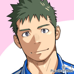 Rule 34 | 1boy, blue eyes, blue shirt, commentary request, green hair, itto (mentaiko), looking at viewer, lowres, male focus, original, portrait, profile picture, shaded face, shirt, smile, track suit