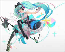 Rule 34 | 1girl, bare shoulders, black bow, black footwear, black pantyhose, black skirt, blue eyes, boots, bow, breasts, colored eyelashes, commentary, frilled skirt, frills, gloves, green hair, green necktie, hair between eyes, hair bow, hakusai (tiahszld), hatsune miku, headphones, high heel boots, high heels, long hair, magical mirai (vocaloid), magical mirai miku, magical mirai miku (2016), medium breasts, microphone, microphone stand, necktie, pantyhose, petticoat, platform footwear, revision, shirt, short necktie, skirt, sleeveless, sleeveless shirt, solo, sparkle, symbol-only commentary, thigh boots, thighhighs, twintails, very long hair, vocaloid, white background, white gloves, white shirt, white thighhighs