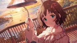 Rule 34 | 1girl, alternate hairstyle, amami haruka, bell, bird, brown hair, cloud, game cg, green eyes, idolmaster, idolmaster million live!, idolmaster million live! theater days, official art, railing, rope, solo, water