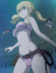Rule 34 | 3girls, bare shoulders, bikini, black hair, blonde hair, breasts, fairy tail, fat, highres, large breasts, lucy heartfilia, medium breasts, multiple girls, navel, pink hair, risley law, screencap, sheria blendy, stitched, swimsuit, third-party edit, underwater