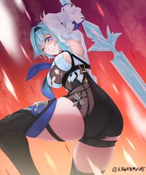 Rule 34 | 1girl, absurdres, ass, blue hair, blush, breasts, brown eyes, eula (genshin impact), genshin impact, gloves, hairband, highres, kawanmusi, large breasts, looking down, one eye closed, parted lips, shiny skin, short hair, short shorts, shorts, skindentation, solo, sword, thick thighs, thighhighs, thighs, torn clothes, unitard, weapon, wince