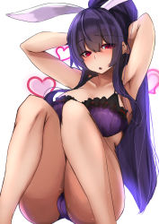 Rule 34 | 1girl, animal ears, armpits, arms behind head, blush, bra, breasts, cameltoe, feet out of frame, hair between eyes, highres, large breasts, light purple hair, lingerie, long hair, looking at viewer, open mouth, panties, purple bra, purple hair, purple panties, rabbit ears, rabbit girl, red eyes, reisen udongein inaba, simple background, sitting, solo, textless version, touhou, underwear, underwear only, very long hair, white background, yukito (dreamrider)