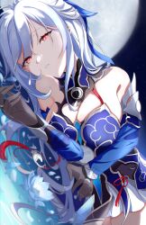 Rule 34 | 1girl, absurdres, akar1, bare shoulders, black gloves, blue bow, blue collar, blue dress, blue flow, blue sleeves, bow, breasts, cleavage, collar, commentary request, cowboy shot, detached sleeves, dress, dutch angle, earrings, flower, full moon, gloves, hair bow, highres, honkai: star rail, honkai (series), jewelry, jingliu (honkai: star rail), large breasts, looking at viewer, lotus, lying, moon, on side, outdoors, parted lips, partially submerged, red eyes, solo, teeth, water, white hair