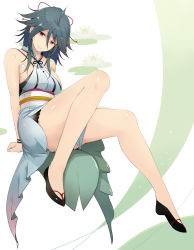 Rule 34 | 1girl, ahoge, bare legs, bare shoulders, blue hair, bracelet, breasts, dress, hair ribbon, jewelry, knees up, lily pad, looking at viewer, obi, original, red eyes, ribbon, sash, shiny skin, sideboob, sleeveless, smile, solo, sts, white background, white dress