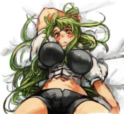 Rule 34 | 1girl, bike shorts, breasts, female focus, green hair, large breasts, long hair, lying, navel, on back, original, sachito, simple background, solo, sumi-chan (sachito), white background, yellow eyes