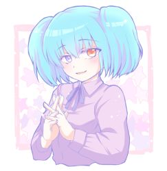 Rule 34 | 10s, 1girl, alternate costume, black neckwear, black ribbon, blue eyes, blue hair, blush, breasts, chii (sbshop), clenched hands, commentary request, dot nose, framed, heterochromia, jacket, long sleeves, looking at viewer, medium breasts, open mouth, out of frame, pink jacket, red eyes, ribbon, short hair, simple background, smile, solo, star (symbol), tokyo ghoul, tokyo ghoul:re, twintails, upper body, white background, yonebayashi saiko