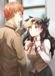 Rule 34 | 1boy, 1girl, :c, :d, black hair, black ribbon, black skirt, blue eyes, brown eyes, brown jacket, brown vest, clenched hands, emiya shirou, eye contact, fate/stay night, fate (series), hair ribbon, hand up, hands up, headpat, hetero, homurahara academy school uniform, indoors, jacket, long hair, long sleeves, looking at another, neck, neck ribbon, open mouth, orange hair, red ribbon, ribbon, round teeth, school, school uniform, shirt, short hair, skirt, smile, spiked hair, surprised, teeth, tohsaka rin, two side up, type-moon, v-neck, vest, white shirt