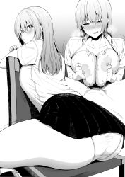 Rule 34 | 1boy, 1girl, amano don, ass, back, blush, breasts, breasts squeezed together, collared shirt, greyscale, hetero, highres, large breasts, long hair, looking at viewer, monochrome, multiple views, nipples, original, paizuri, penis, shirt, short sleeves, sitting, skirt, smile, thighs