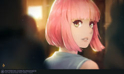Rule 34 | 1boy, aurahack, blurry, catherine (game), depth of field, from behind, green eyes, light, looking back, male focus, parted lips, patreon logo, pink hair, rin (catherine), signature, solo, watermark, web address