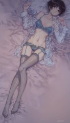 Rule 34 | 1girl, bed sheet, black eyes, black hair, black thighhighs, blue bra, blush, bow, bow bra, bra, breasts, brown thighhighs, cleavage, collarbone, dutch angle, frilled bra, frills, full body, garter belt, garter straps, groin, highres, knees together feet apart, lace, lace-trimmed bra, lace-trimmed legwear, lace-trimmed panties, lace trim, looking at viewer, looking away, lying, navel, nightgown, on back, on bed, open clothes, open shirt, panties, pillow, psycho-pass, see-through, shirt, short hair, small breasts, solo, thigh gap, thighhighs, tsunemori akane, tuta, twitter username, underwear