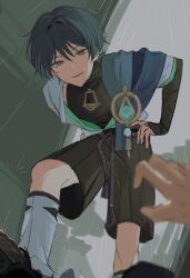 Rule 34 | 1boy, absurdres, armor, black hair, blue eyes, bridal gauntlets, elbow gloves, genshin impact, gloves, hair between eyes, highres, japanese armor, japanese clothes, kote, looking at viewer, male focus, mnce o, parted lips, scaramouche (genshin impact), short hair, shorts, vision (genshin impact), wanderer (genshin impact)