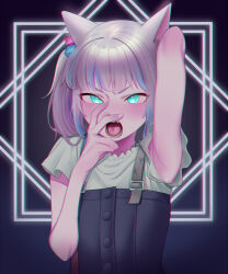 Rule 34 | 1girl, absurdres, animal ears, aqua eyes, armpits, arms up, blue dress, blue hair, cat ears, chromatic aberration, cube hair ornament, dress, eyelashes, fangs, flat chest, frilled sleeves, frills, gawr gura, gawr gura (casual), hair ornament, hand up, highres, hololive, hololive english, light purple hair, long hair, looking at viewer, matdoljangin, multicolored hair, official alternate costume, open mouth, shark girl, short sleeves, side ponytail, sidelocks, solo, streaked hair, upper body, v-shaped eyebrows, virtual youtuber