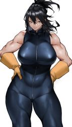 Rule 34 | 1girl, absurdres, black eyes, black hair, blue bodysuit, bodysuit, boku no hero academia, breasts, closed mouth, gloves, hair between eyes, hands on own hips, highres, large breasts, looking at viewer, mole, mole under mouth, muscular, muscular female, shimura nana, short hair, simple background, sleeveless, sleeveless bodysuit, solo, white background, yellow gloves, yoshio (55level)