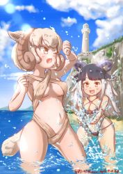 Rule 34 | 2girls, :d, ;d, animal ear fluff, animal ears, bikini, black hair, blue sky, breasts, brown eyes, character name, cliff, cloud, commentary request, criss-cross halter, dated, day, halterneck, highres, horizontal pupils, horns, kemono friends, long hair, medium breasts, multicolored hair, multiple girls, nakashi masakumi, navel, o-ring, o-ring bikini, one eye closed, open mouth, outdoors, platinum blonde hair, sheep (kemono friends), sheep ears, sheep girl, sheep horns, short hair, sky, smile, splashing, swimsuit, tail, tower, twitter username, two-tone hair, v-shaped eyebrows, wading, water, white hair