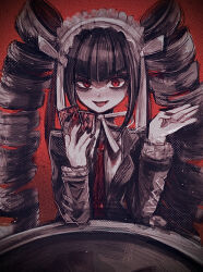 Rule 34 | 1girl, :d, black jacket, black nails, card, celestia ludenberg, collared shirt, danganronpa: trigger happy havoc, danganronpa (series), drill hair, hands up, headdress, highres, holding, holding card, jacket, long hair, long sleeves, nail polish, naruse (nal1525), necktie, open clothes, open jacket, open mouth, playing card, red background, red eyes, red necktie, shirt, sitting, smile, solo, table, tongue, tongue out, twin drills, twintails, upper body