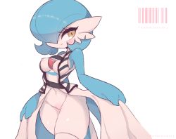 Rule 34 | 1girl, aliceyawnin, artist name, barcode, bare shoulders, blue hair, blue skin, blush, bob cut, breasts, closed mouth, clothed pokemon, colored skin, commission, cowboy shot, creatures (company), english text, female focus, game freak, gardevoir, gen 3 pokemon, hair over one eye, happy, highres, looking to the side, medium breasts, multicolored skin, navel, nintendo, nipples, no pussy, pokemon, pokemon (creature), shiny skin, shirt, short hair, simple background, sleeveless, sleeveless shirt, smile, solo, standing, stomach, striped clothes, striped shirt, thighhighs, thighs, twitter username, two-tone skin, watermark, white background, white skin, white thighhighs, wide hips, yellow eyes