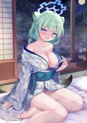 Rule 34 | 1girl, :d, animal ear fluff, animal ears, bare shoulders, barefoot, blue archive, blue nails, blush, breasts, breasts out, bridge, choko (cup), collarbone, cup, full moon, futon, green hair, half-closed eyes, halo, highres, hinoka (allen), indoors, japanese clothes, kimono, long hair, long sleeves, looking at viewer, medium breasts, moon, nail polish, naked kimono, night, night sky, nipple slip, nipples, nose blush, off shoulder, on bed, onsen, open mouth, pillow, print kimono, puffy nipples, purple eyes, railing, revision, shigure (blue archive), sky, sleeves past wrists, smile, soles, solo, steam, table, tail, tatami, tree, water, yagasuri, yukata