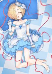 Rule 34 | 1girl, bare shoulders, blonde hair, blue dress, blush, breasts, brooch, checkered floor, choker, closed eyes, detached sleeves, dress, flower, full body, gengorou, glass slipper, hair flower, hair ornament, hair over one eye, high heels, highres, idolmaster, idolmaster cinderella girls, jewelry, lying, on back, open mouth, pillow, red ribbon, ribbon, shirasaka koume, shoes, short hair, single shoe, small breasts, smile, solo, strapless, strapless dress, toes, two-tone dress, white dress