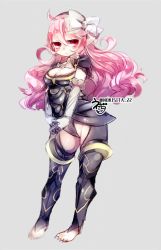 Rule 34 | 1girl, armor, black armor, black hairband, bow, breasts, cleavage, closed eyes, corrin (female) (fire emblem), corrin (female) (nohr noble) (fire emblem), corrin (fire emblem), elbow gloves, fire emblem, fire emblem fates, full body, gloves, gold trim, grey background, hair bow, hairband, long hair, medium breasts, negiwo, nintendo, pink hair, pointy ears, red eyes, sharp toenails, simple background, solo, standing, toenails, twitter username, white bow, white gloves