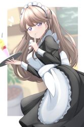 Rule 34 | 1girl, absurdres, alternate costume, apron, black dress, blurry, blurry background, blush, border, breasts, brown hair, dress, enmaided, feet out of frame, finger to mouth, frilled apron, frills, from side, fujishima megumi, heart, highres, holding, holding tray, juliet sleeves, link! like! love live!, long dress, long hair, long sleeves, looking at viewer, love live!, maid, maid apron, maid day, maid headdress, medium breasts, outside border, parfait, puffy sleeves, purple eyes, sleeve cuffs, smile, solo, tray, tsubuan (in taiyaki), two side up, virtual youtuber, white apron, white border, white headdress